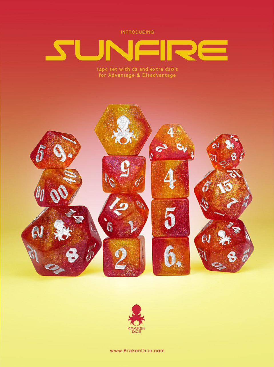 Sunfire 14pc Dice Set for TTRPGs inked in Silver